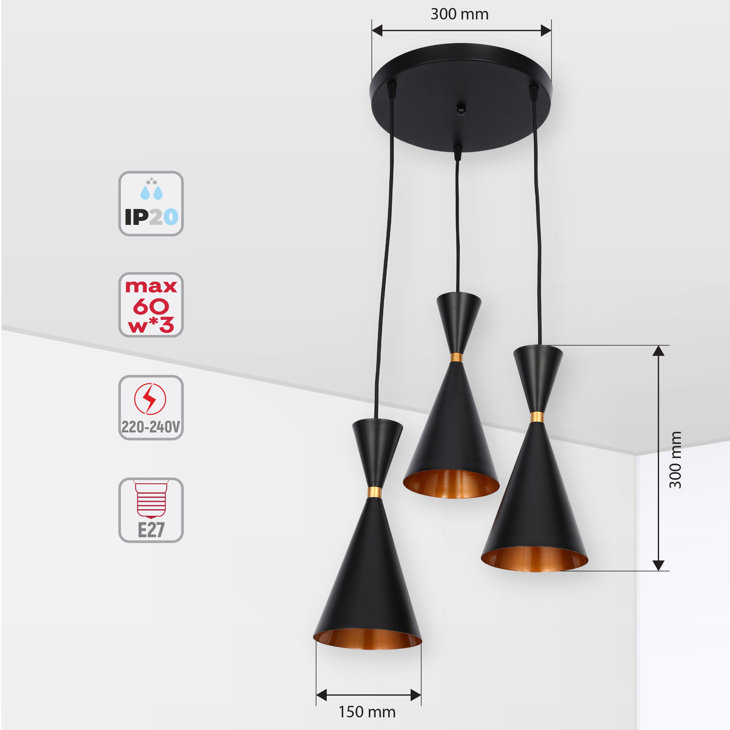 Penn Cone Schoolhouse Orient Жалпақ қара және алтын түсті аспа шамы E27