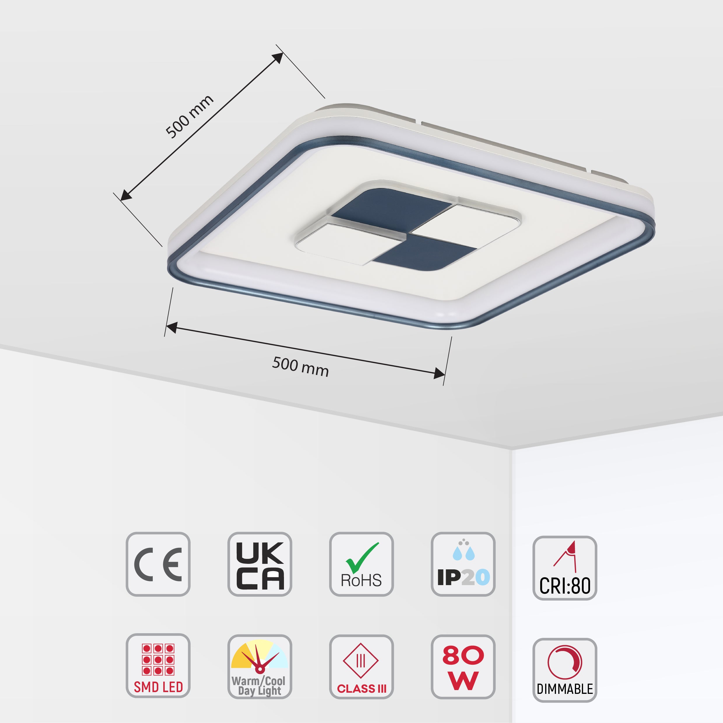 Светодиодный светильник LED 80W SQUARE/ROUND, белый, 3 цвета, диммируемый