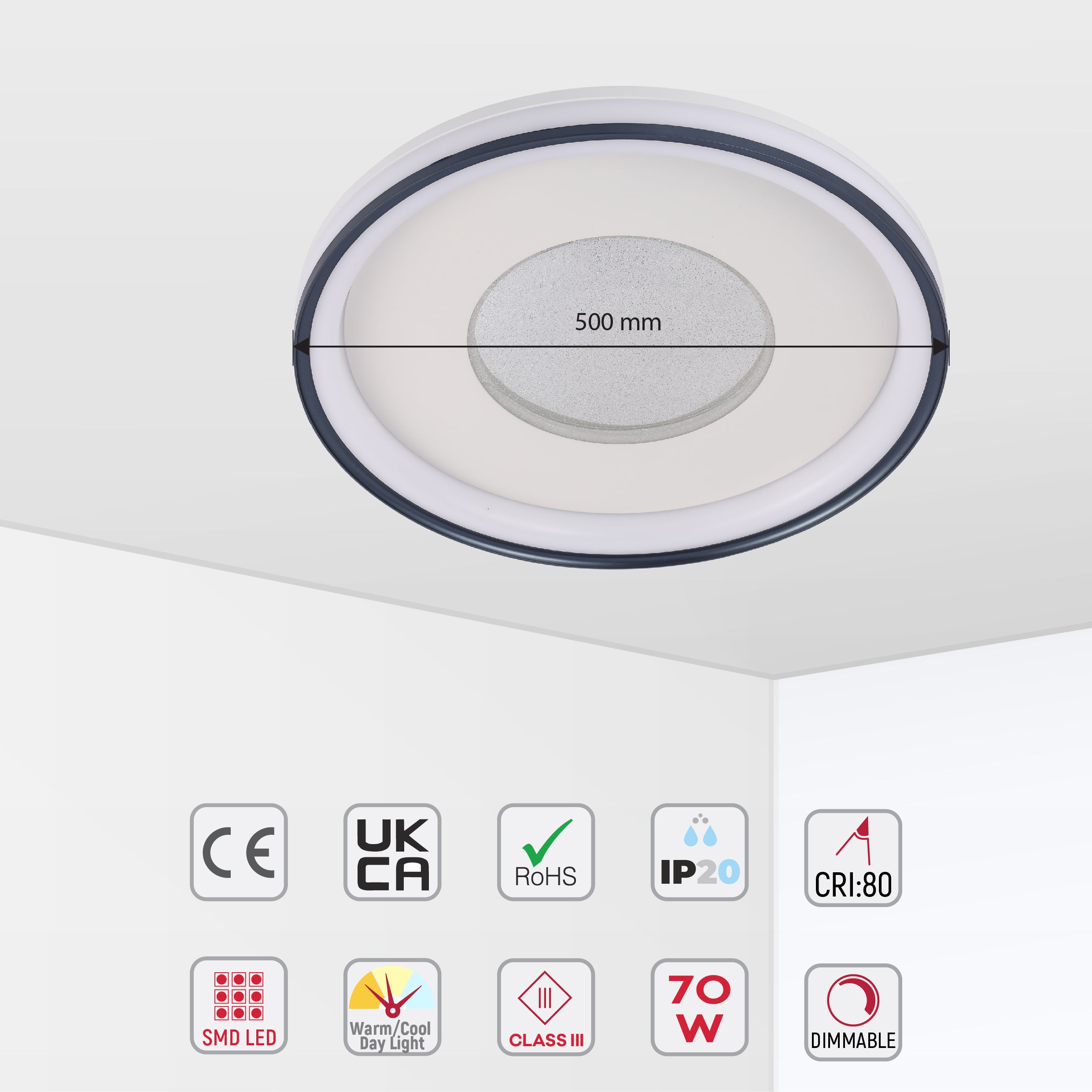 Потолочный светодиодный светильник LED 70W, диаметр 500 мм, круглый, белый, 3 цвета свечения, диммируемый