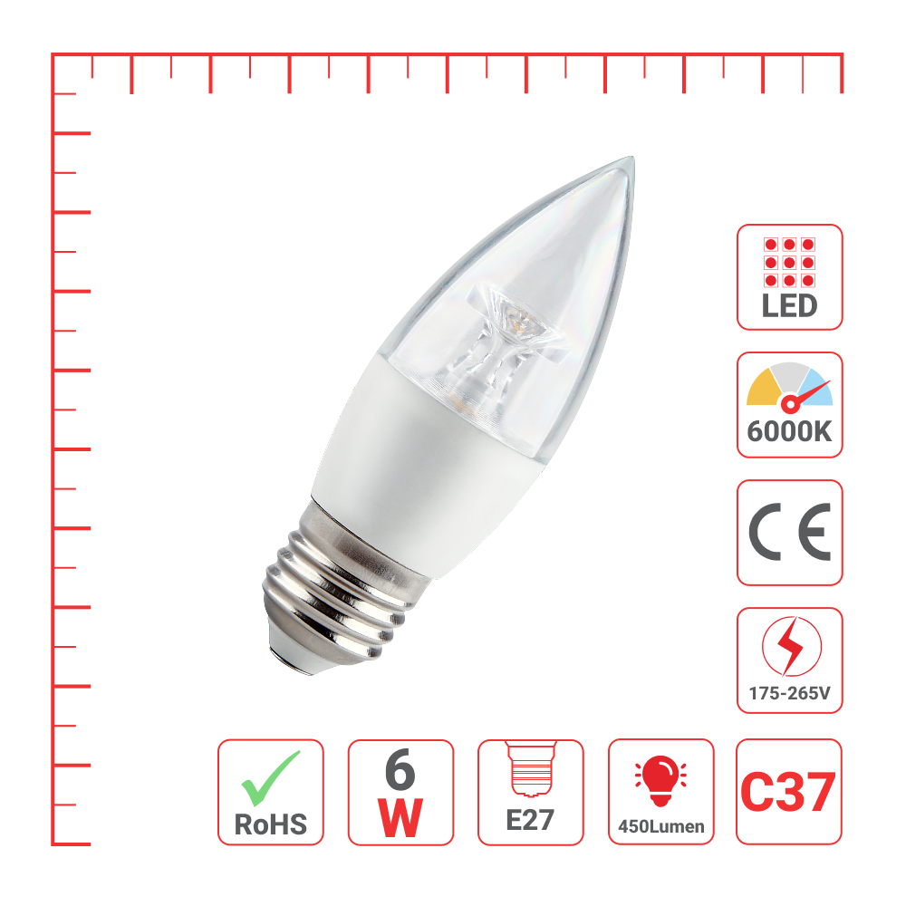 Лампа LED CRYSTAL C37 (хрустальная свеча), 6Вт, E27 (ECOLITE)