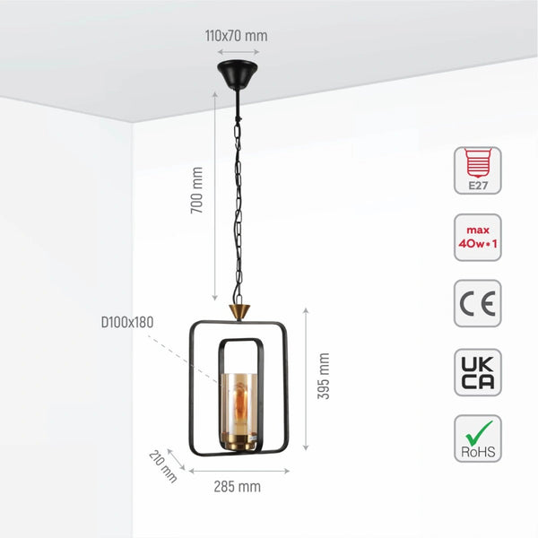 Технические характеристики черной металлической подвесной лампы с цилиндрической янтарной стеклянной оболочкой и E27 патроном.