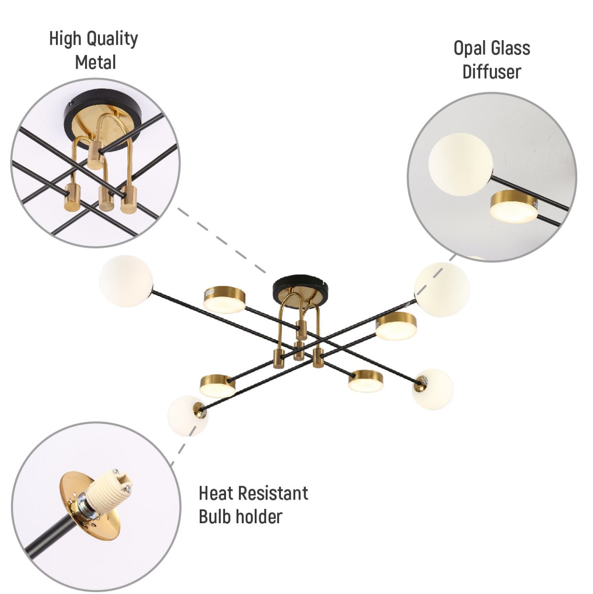Close up shots of Contemporary Hybrid Sputnik Modern Chandelier with 20W Built-in LED and 4xG9 Opal Globes Gold Black Finishing | TEKLED 159-17548