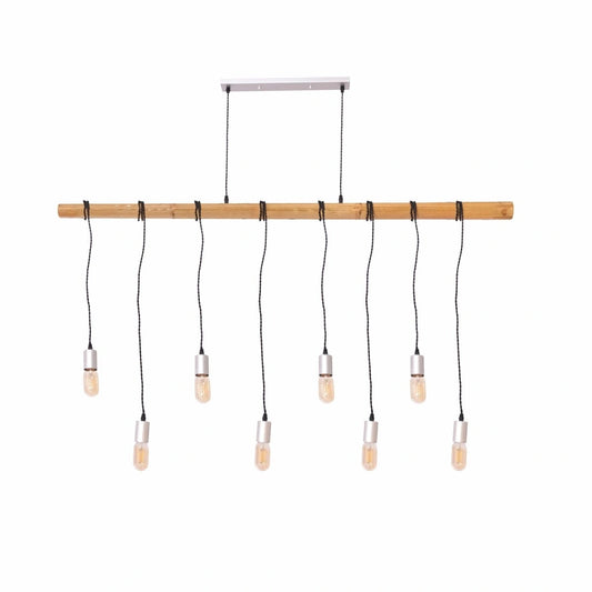 Основное изображение многосветильниковой подвесной люстры с деревянными стержнями, идеальной для современных кухонь или обеденных зон.