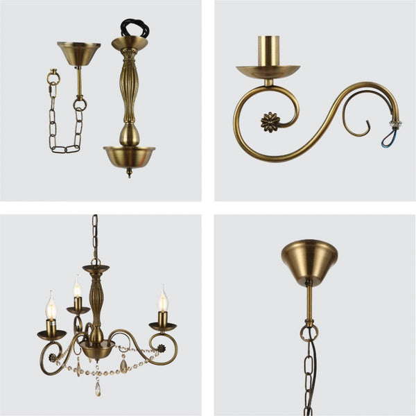 Детали антикварной латунной люстры с кристаллом, идеальны для классического интерьера гостиной или столовой.