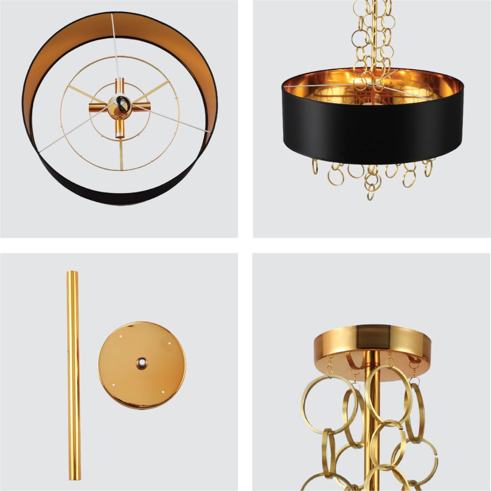 Detailed shots of Black Copper Fabric Drum Shade Gold Ring Chandelier Ceiling Light with 4xE14 Fittings | TEKLED 158-19622