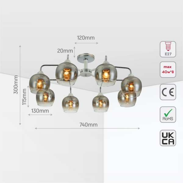 Изображение полукруглого потолочного светильника с хромированной основой и дымчатым стеклом, идеально подходит для современных гостиных.