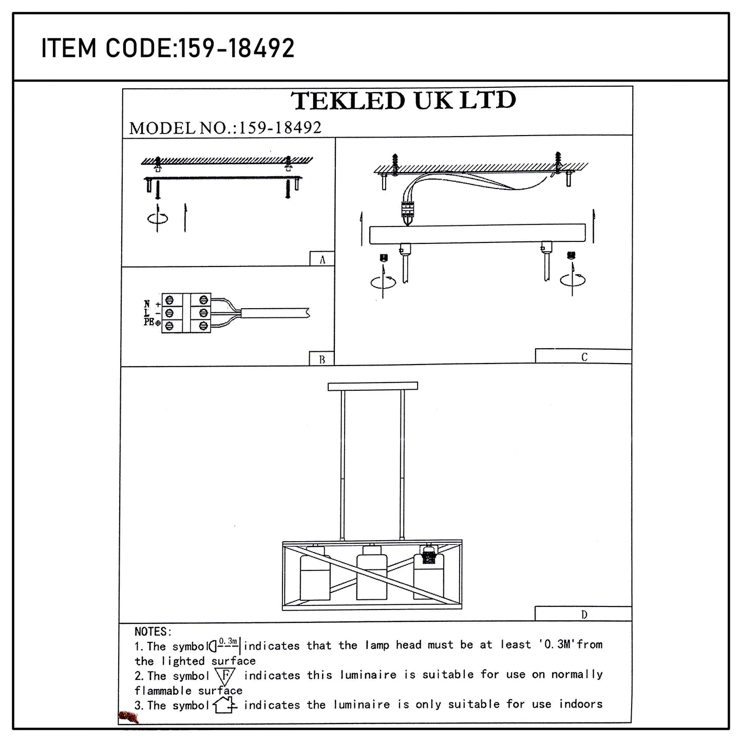 Technical diagram for TEKLED UK LTD lighting, model 159-18492. Includes install instructions and safety advice for indoor use.