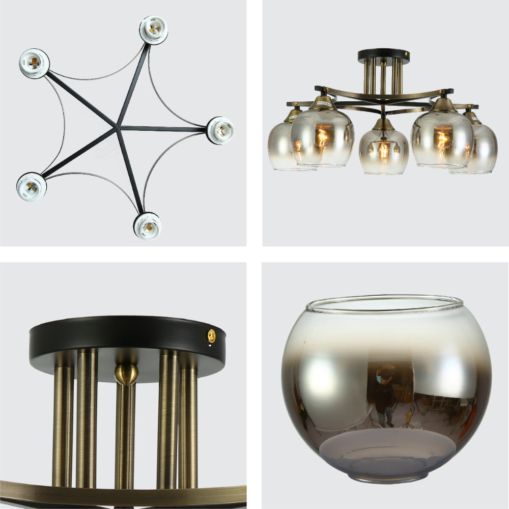 Детали геометрической потолочной лампы "звёздная вспышка" с серым стеклянным глобусом и черно-бронзовым креплением, подходящей для современных интерьеров.