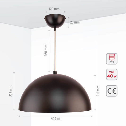 Size and specs of Black-Golden Metal Dome Pendant Ceiling Light with E27 | TEKLED 150-15003