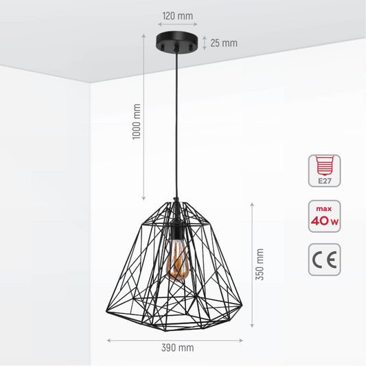 Size and specs of Black Wire Cage Pendant Ceiling Light with E27 | TEKLED 150-18087