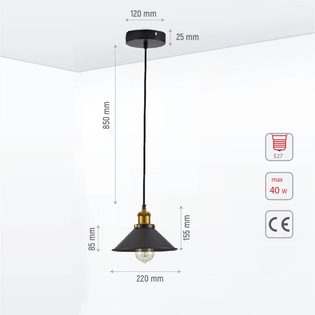 Технические параметры черного металлического подвесного светильника в форме воронки, подходящего для современной кухни или столовой.