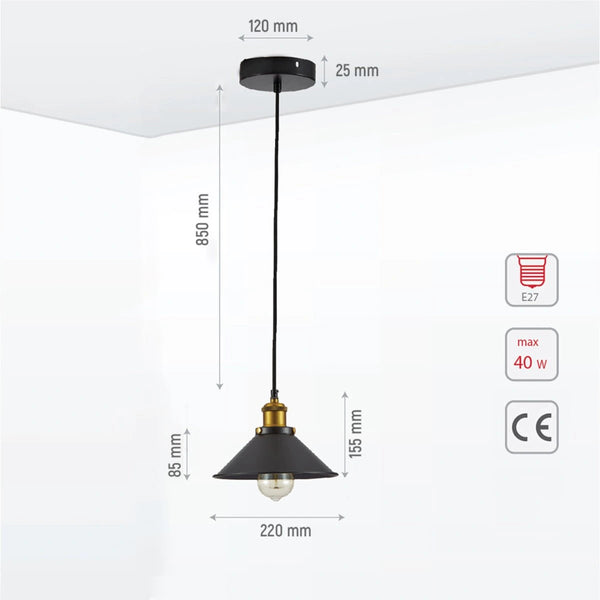 Технические параметры черного металлического подвесного светильника в форме воронки, подходящего для современной кухни или столовой.