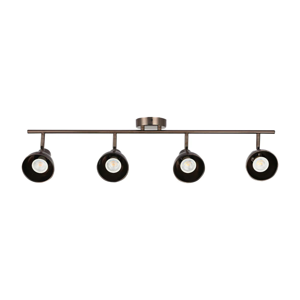 A four-bulb, bronze-coloured spotlight fixture. Ideal for illuminating any space with stylish, directed light.