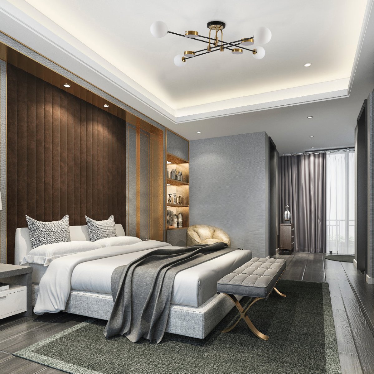 More interior usage of Contemporary Hybrid Sputnik Modern Chandelier with 20W Built-in LED and 4xG9 Opal Globes Gold Black Finishing | TEKLED 159-17548