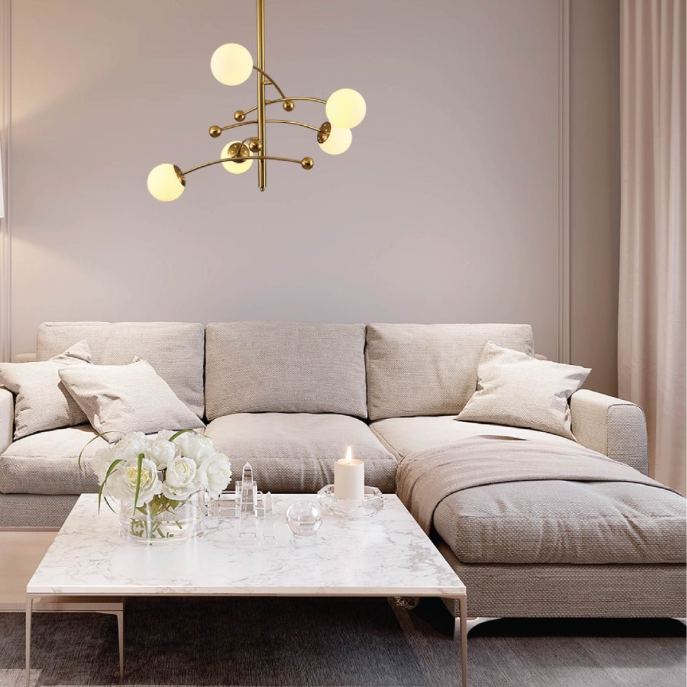 Indoor usage of Mace Opal Globe Glasses Gold Metal Sputnik Chandelier Ceiling Light with 5xG9 Fittings | TEKLED 158-19712