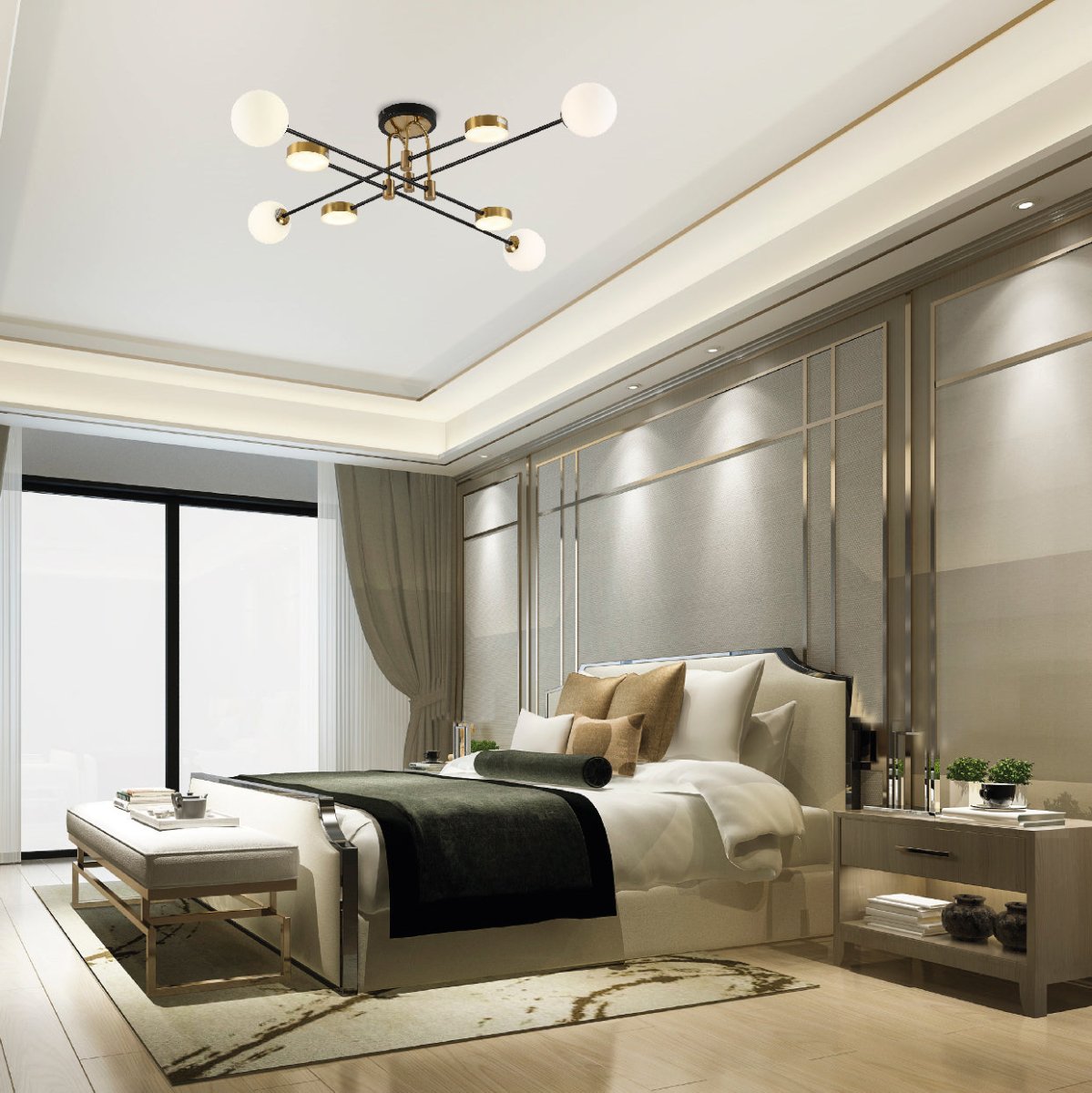 Interior application of Contemporary Hybrid Sputnik Modern Chandelier with 20W Built-in LED and 4xG9 Opal Globes Gold Black Finishing | TEKLED 159-17548