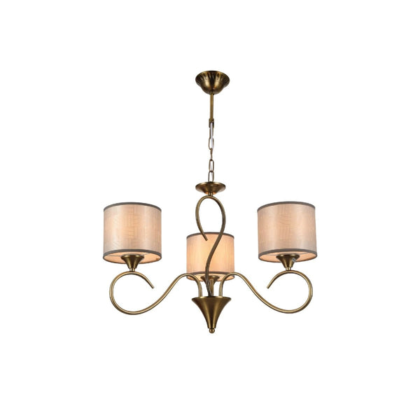 Основное изображение винтажной люстры с цилиндрическими серыми абажурами и бронзовой основой, идеальной для классического интерьера.