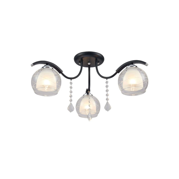 Основное изображение полуподвесного светильника с двойным колпаком из прозрачного опала и черным металлом, идеально подходит для современных интерьеров.