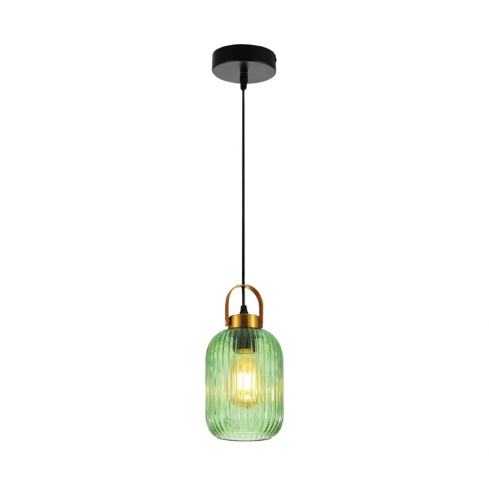 Основное изображение зеленого стеклянного фонаря-подвески с ребристым дизайном, идеально подходящего для современных интерьеров.