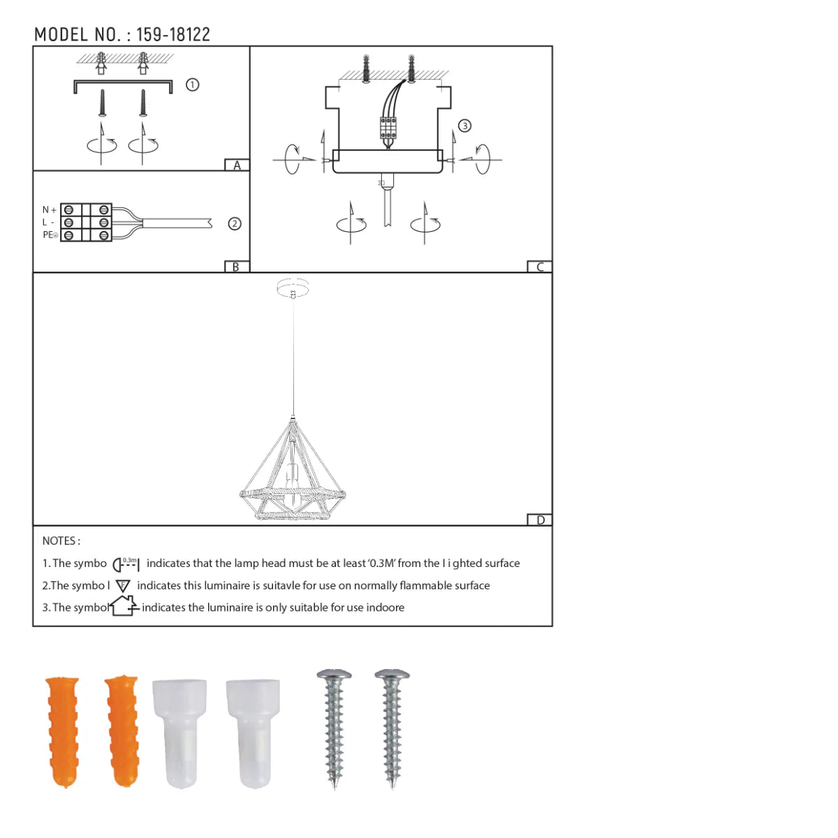 Technical specs of Manila Hemp Rope Diamond Pendant Light Black E27 159-18122