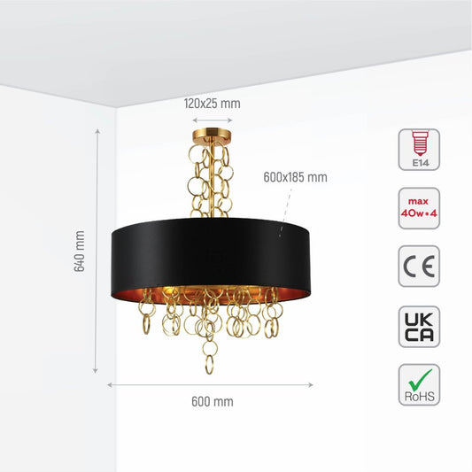 Size and specs of Black Copper Fabric Drum Shade Gold Ring Chandelier Ceiling Light with 4xE14 Fittings | TEKLED 158-19622