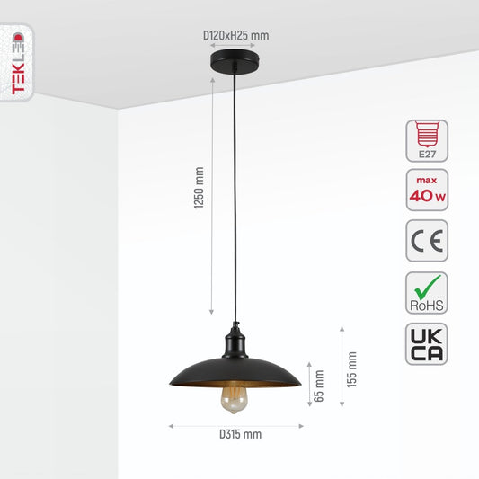 Size and specs of Black Flat Dome Industrial Metal Ceiling Pendant Light with E27 Fitting | TEKLED 150-18354
