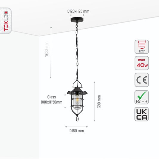 Size and specs of Black Nautical Industrial Caged Flat Shade Small Glass Metal Ceiling Pendant Light with E27 Fitting | TEKLED 150-18370