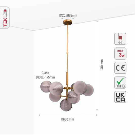 Size and specs of Chandelier Pyramid Smoky Glass Gold Body with 10xG9 Fitting | TEKLED 159-17330