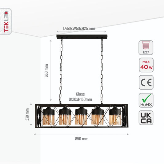 Технические характеристики черного металлического светильника с янтарным стеклом, идеального для кухни в индустриальном стиле.