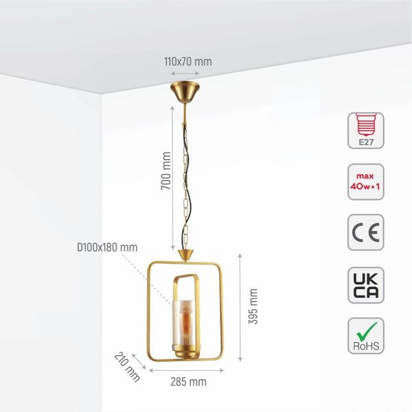 Техническая спецификация подвесного светильника в золотом металлическом корпусе с цилиндрическойAmber стеклянной абажур.