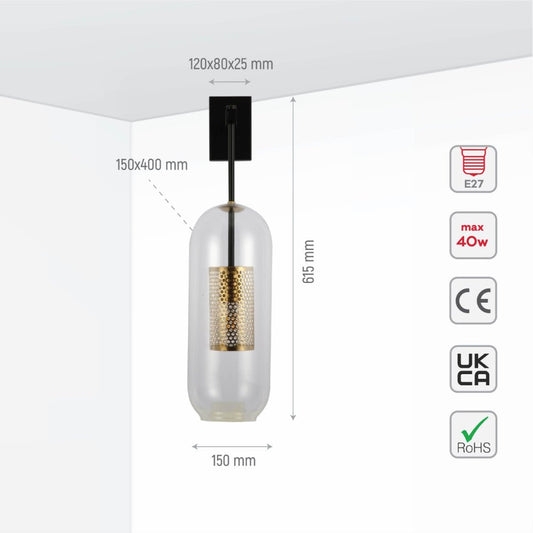 Size and specs of Clear Cylinder Glass Gold Cage Black Body Wall Light with E27 Fitting | TEKLED 151-19735