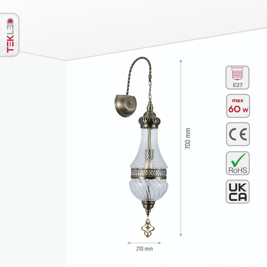 Size and specs of Clear Glass Antique Bronze Metal Body Moroccan Style Wall Light with E27 Fitting | TEKLED 151-19457