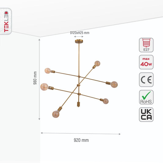 Size and specs of Gold Rod Modern Pendant Tiered Chandelier Light with 6xE27 Fittings | TEKLED 159-17574