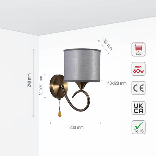 Size and specs of Grey Fabric Shade Antique Brass Hook Metal Vintage Retro Classic Wall Light with Pull Down Switch E27 Fitting | TEKLED 151-19798