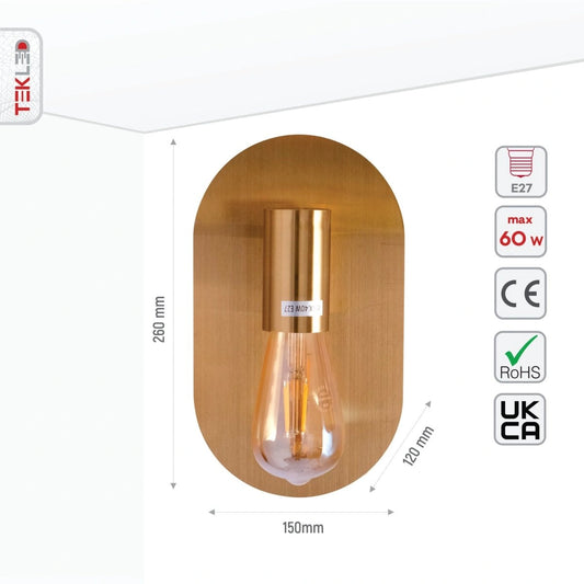 Технические характеристики настенного светильника из золотистого металла с Е27, включая размеры и параметры установки.