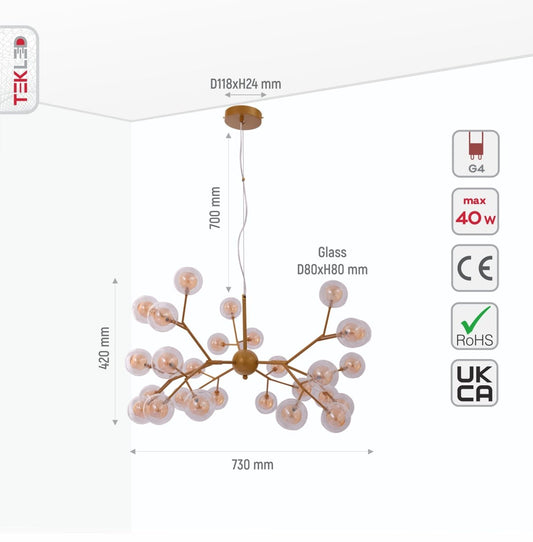 Size and specs of Neuron Model Gold and Amber Chandelier with 27xG4 Fittings | TEKLED 158-19616