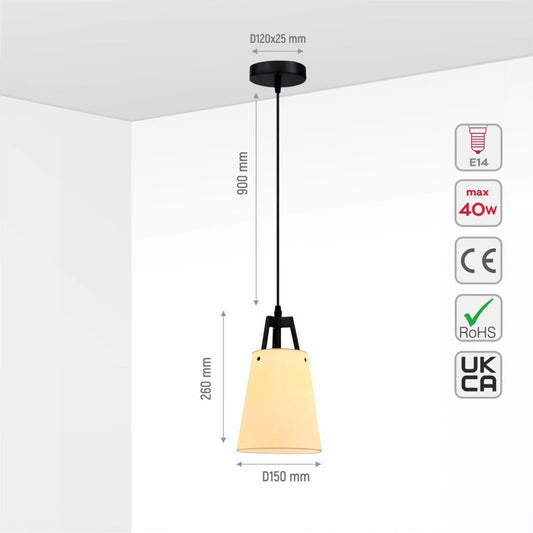 Технические характеристики потолочного светильника с конусным текстильным абажуром, креплением E14 и размерами.