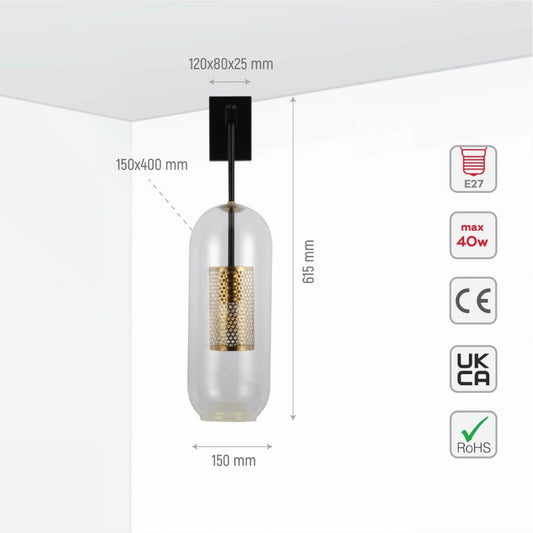 Технические характеристики настенного светильника с прозрачным цилиндрическим стеклом и золотой решеткой, подходящего для современного интерьера.
