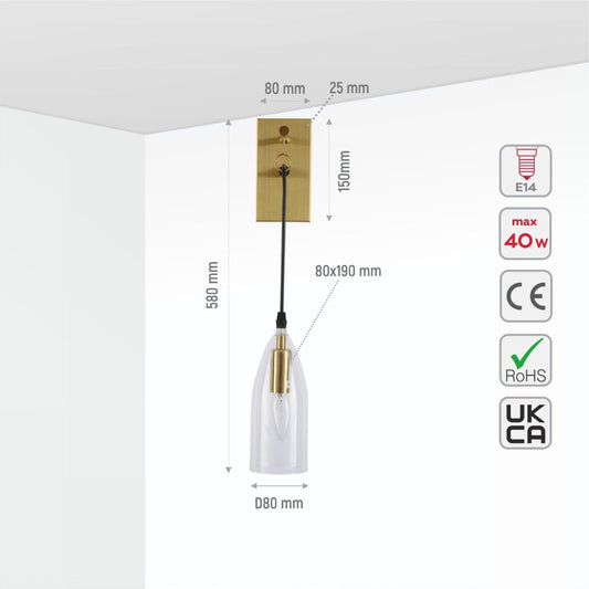 Size and specs of Snowdrop Clear Glass Gold Metal Pendant Wall Light with E14 Fitting | TEKLED 151-19734