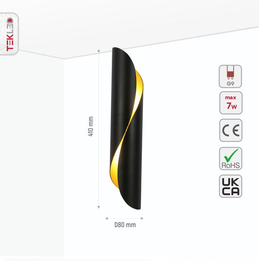 Технические характеристики настенного светильника с черным и золотым металлическим цилиндром, предлагающего стильное освещение для современных интерьеров.