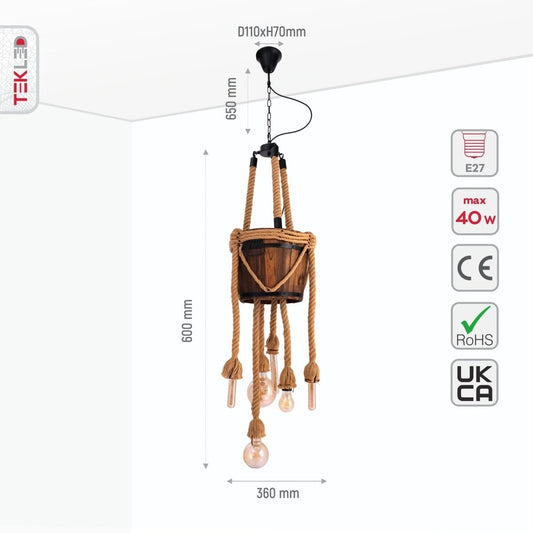 Изображение технических характеристик люстры из веревки с шестью лампочками E27, идеальной для уютных интерьеров.