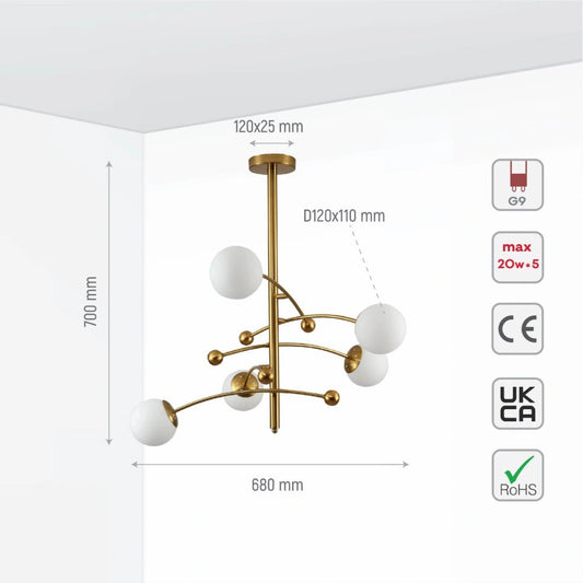 Технические характеристики золотой металлической люстры Sputnik с опалевыми шарами и 5 лампами, идеальной для современного интерьера.