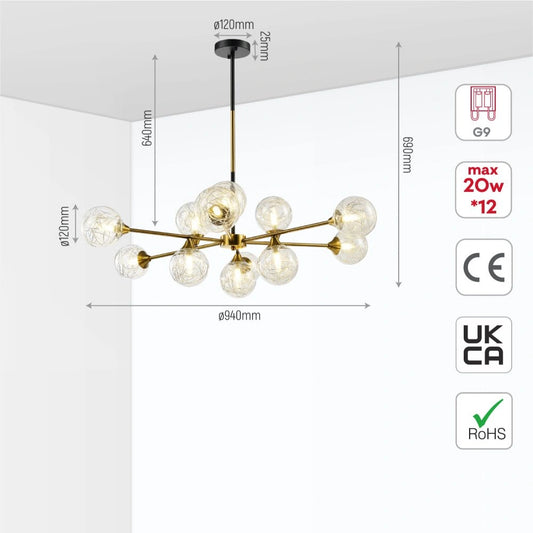 Технические характеристики золотой спутниковой люстры с прозрачными шарами и 12-ю G9 патронами для современного интерьера.