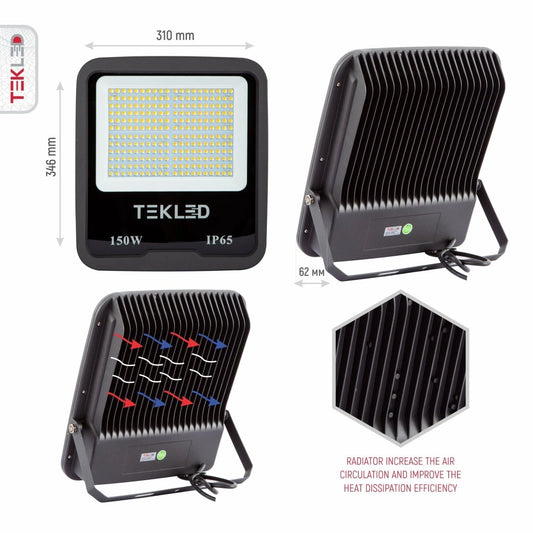 Технические параметры светодиодногоFloodlight SMD 3030, 150W, IP65, показывающие размеры и сертификаты для надежного использования.