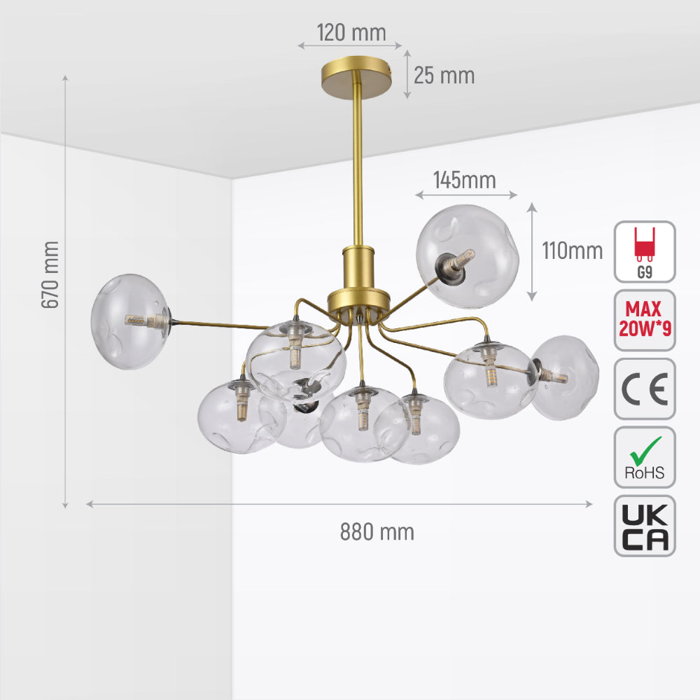 Крупный план многорукого потолочного светильника с димплированными глобусами, идеально подходящего для современных интерьеров.