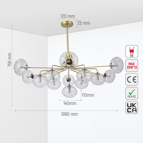 Крупный план элегантного золотого потолочного светильника с многорукими димпльными шарами, идеален для современного интерьера.