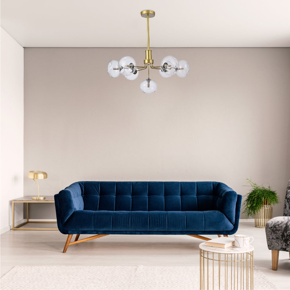 Многоармальная потолочная люстра с димпльными шарами в элегантном золотом стиле, идеально подходит для современных интерьеров.