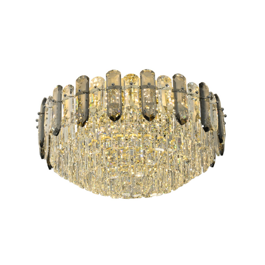 Основное изображение трехуровневой потолочной люстры с дымчатыми и прозрачными кристаллами, идеально подходящей для гостиной в классическом стиле.