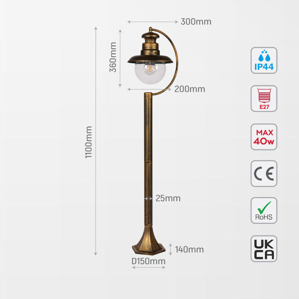 Небольшой черный садовый светильник с золотистыми деталями, идеален для освещения дорожек в современном стиле.