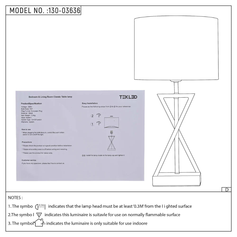 User manual for Nordic Art Deco Table Lamp Black Nickel Flaxen | TEKLED 130-03636